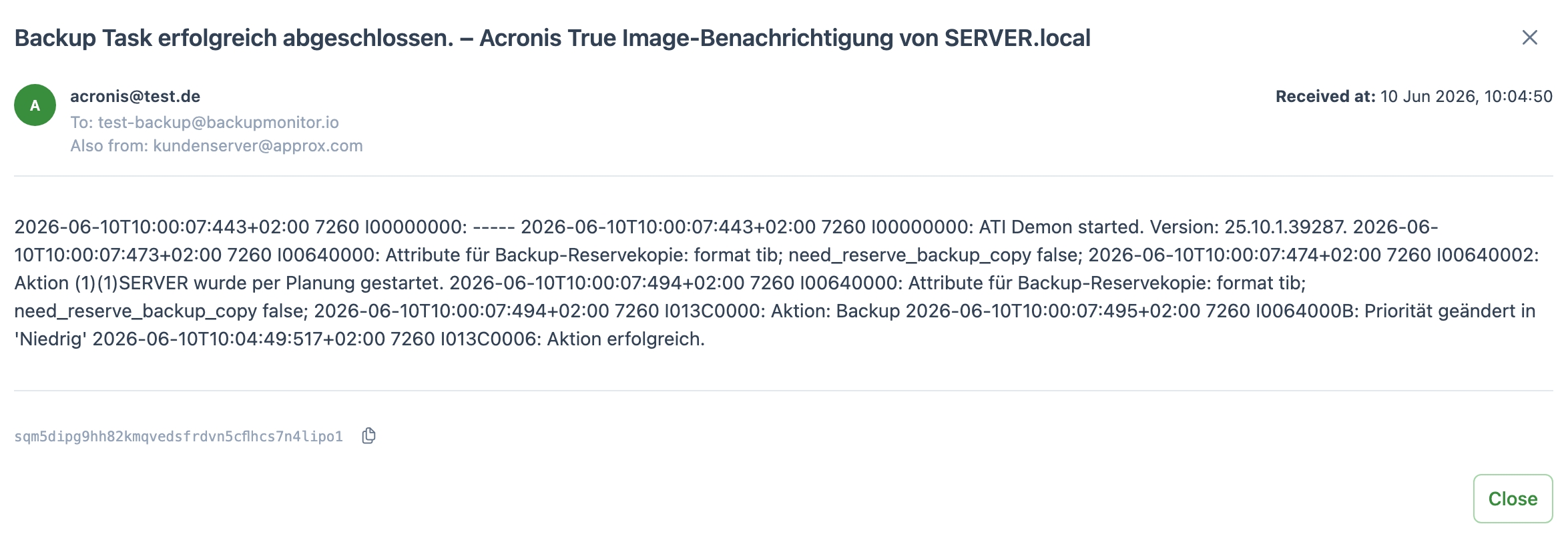 Screenshot: parsed Acronis status email in BackupMonitor