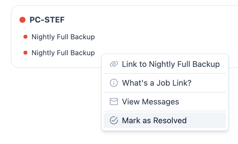 Dashboard context menu showing the Mark as Resolved option