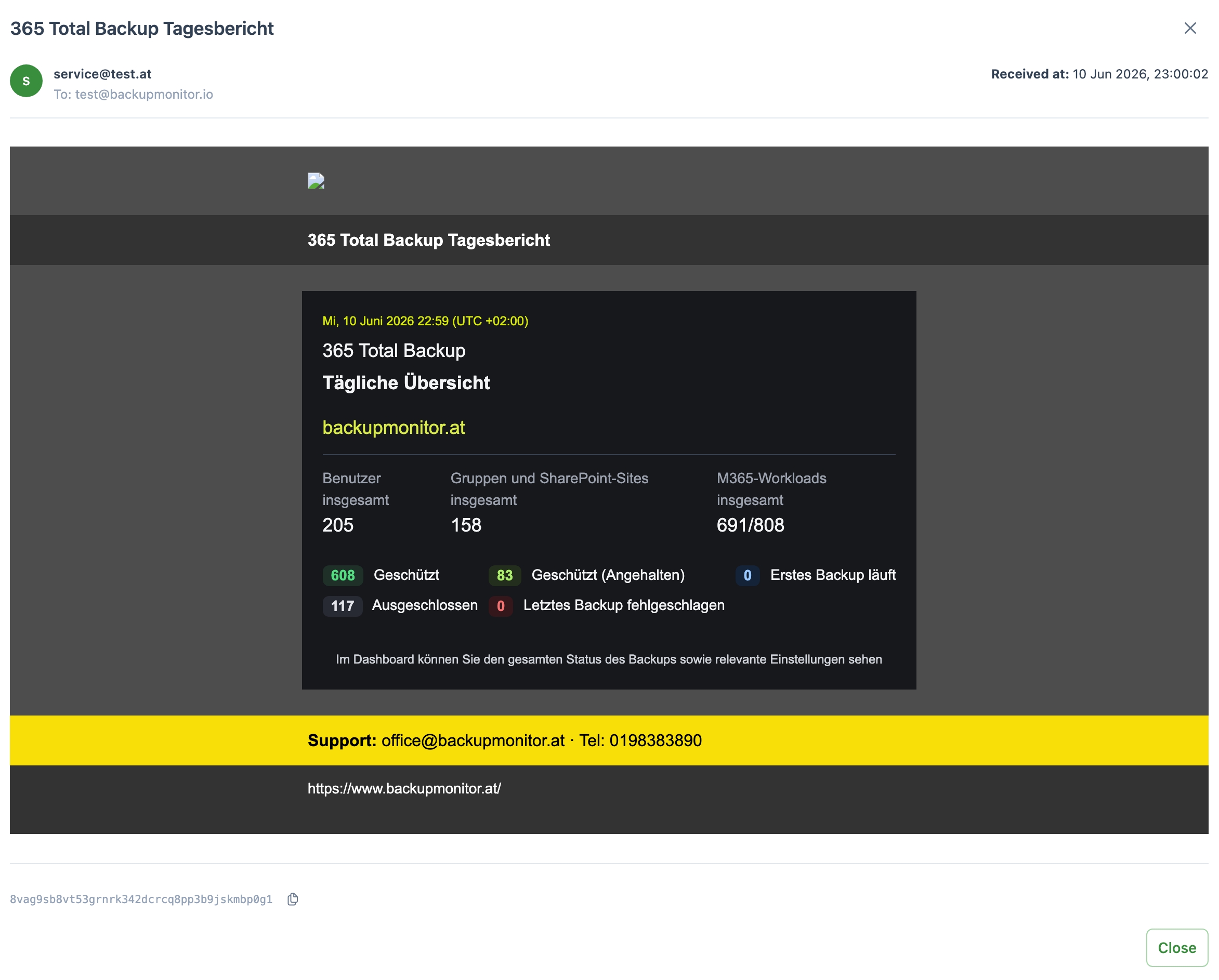 Screenshot: parsed Hornetsecurity VM Backup email in BackupMonitor