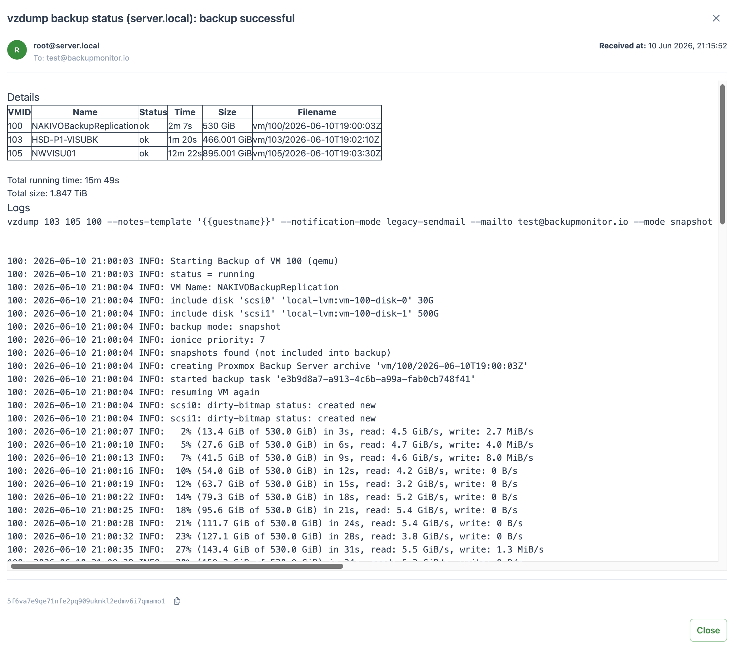 Screenshot: parsed Proxmox VE backup report in BackupMonitor