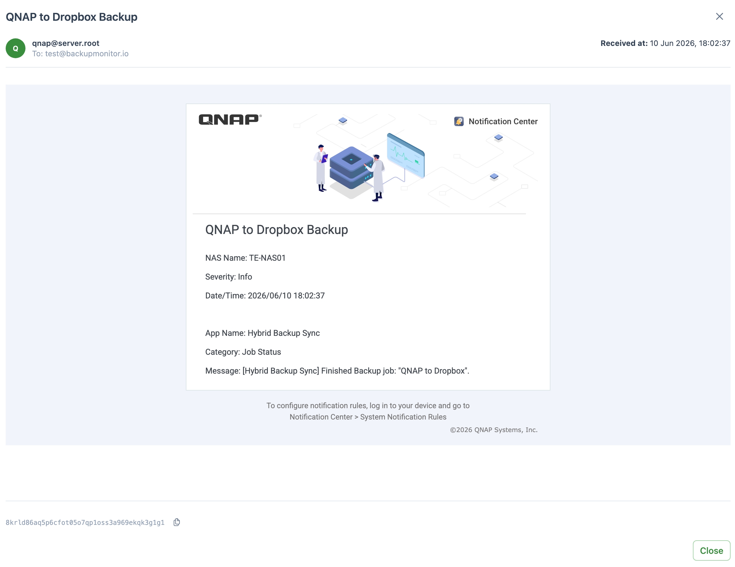 Screenshot: parsed QNAP status email in BackupMonitor