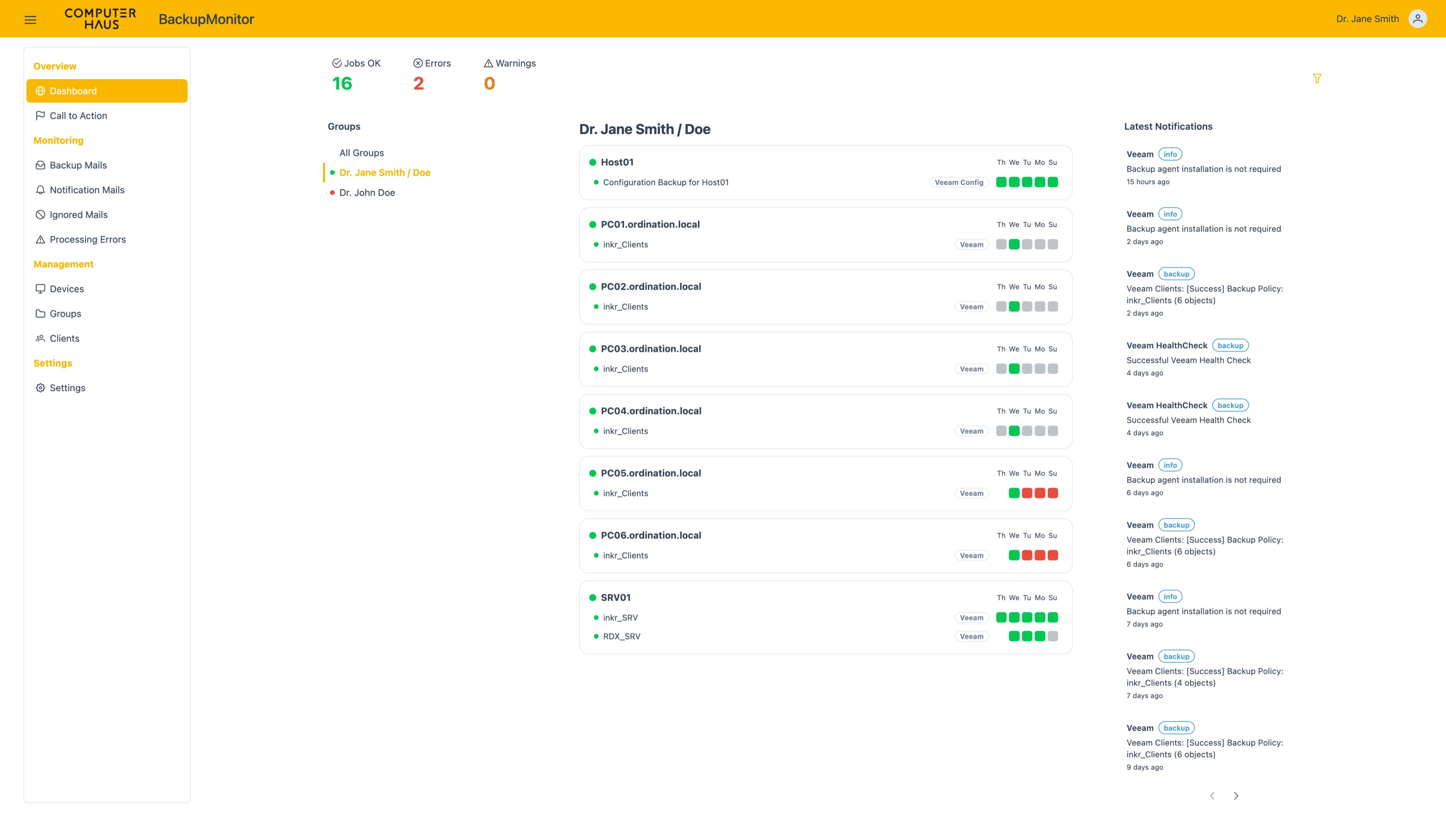 Screenshot: a partner's branded BackupMonitor dashboard