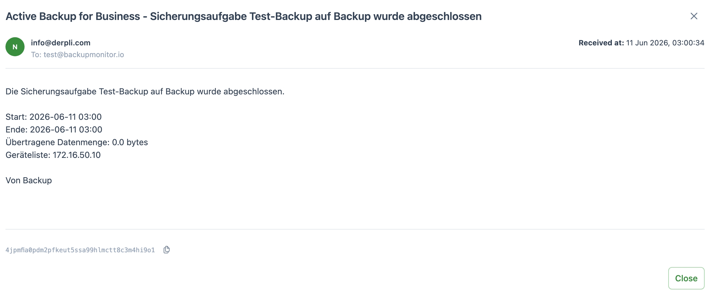 Screenshot: parsed Synology status email in BackupMonitor