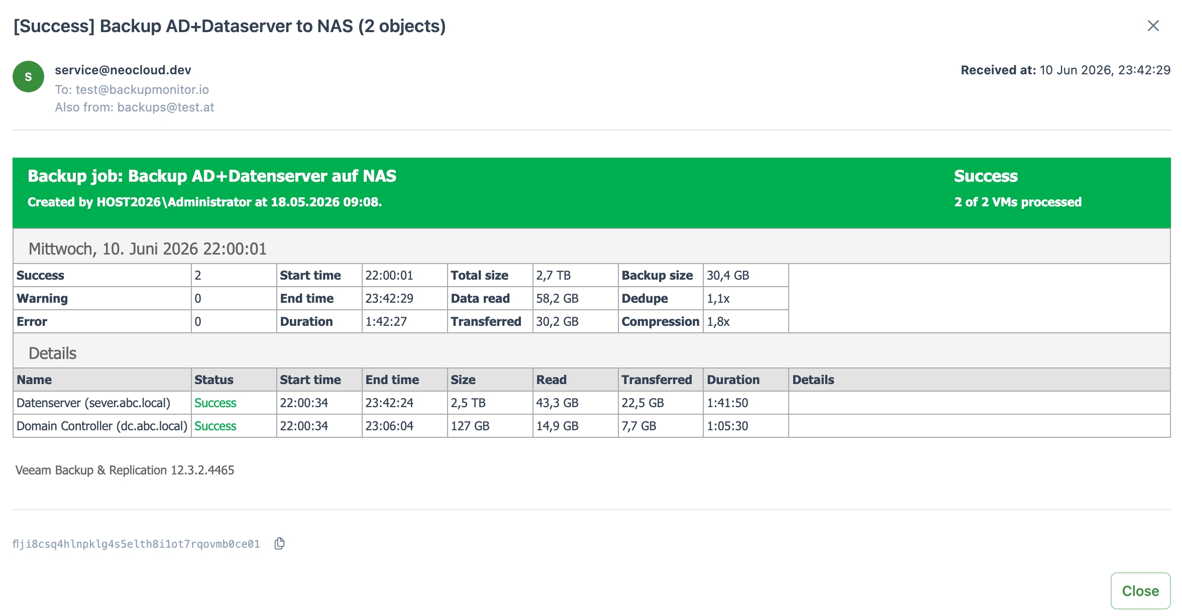 Screenshot: parsed Veeam job report email in BackupMonitor